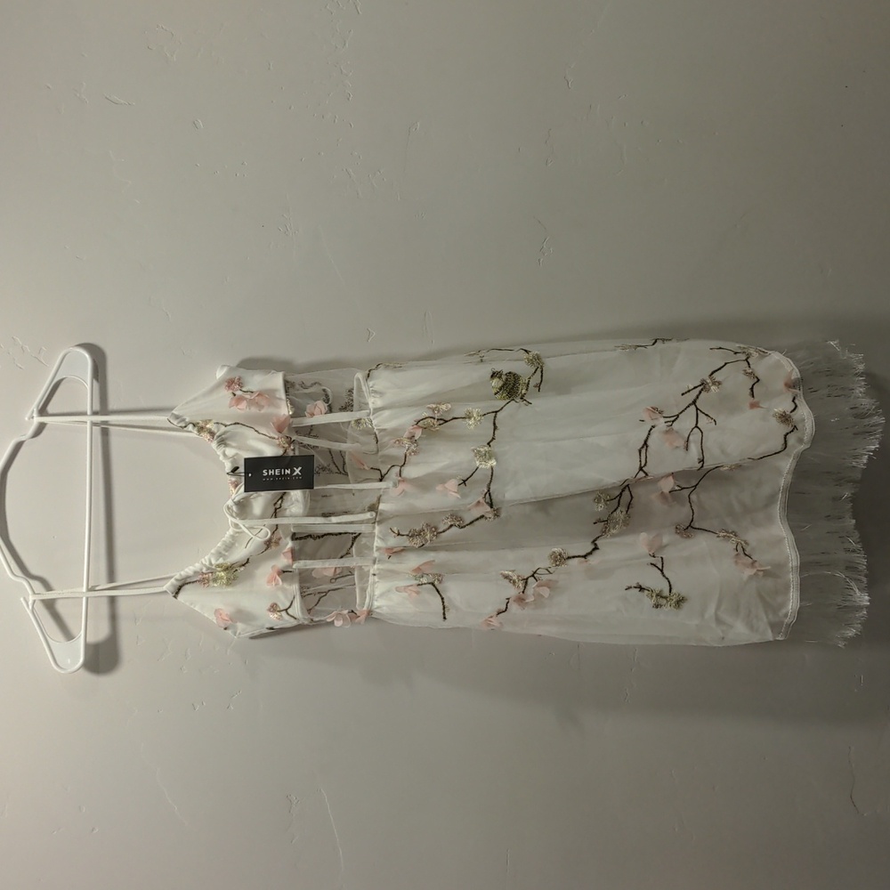 Shein White Strappy Dress with Mesh Cutout and 3D Flowers, size M